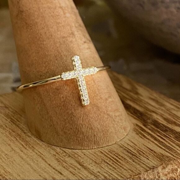 Cross Yellow Gold Sterling Silver Ring - Picture 2 of 7